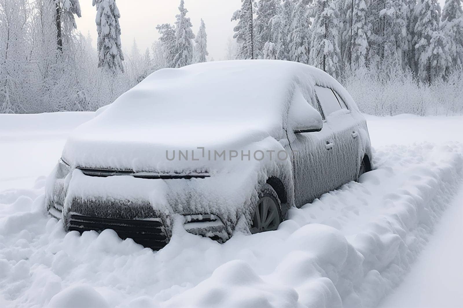 a snow-covered car covered with snow stands on the road after a snowfall.snow-covered roads