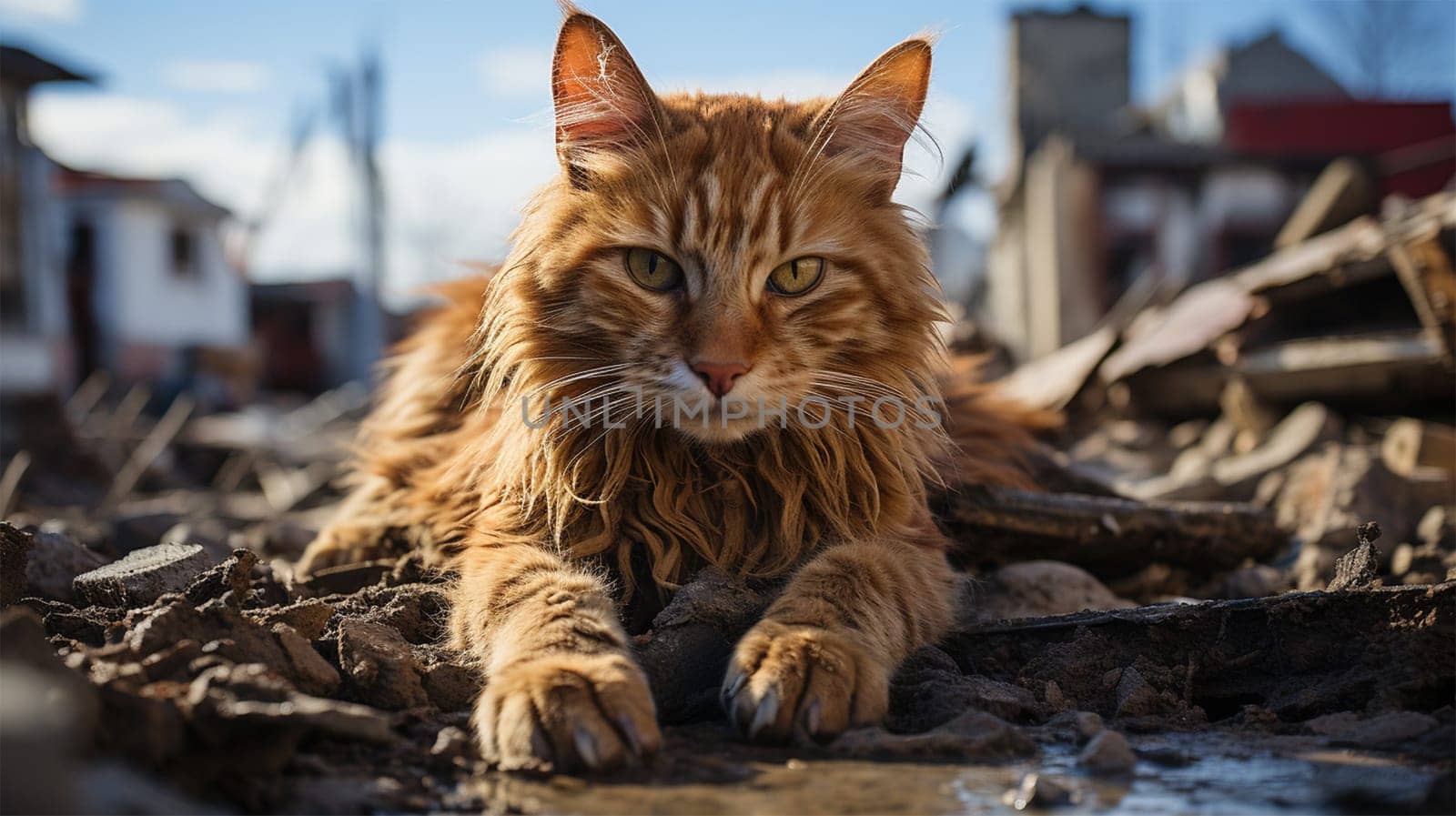 cat On the ruins of a house destroyed by natural disasters or military actions.