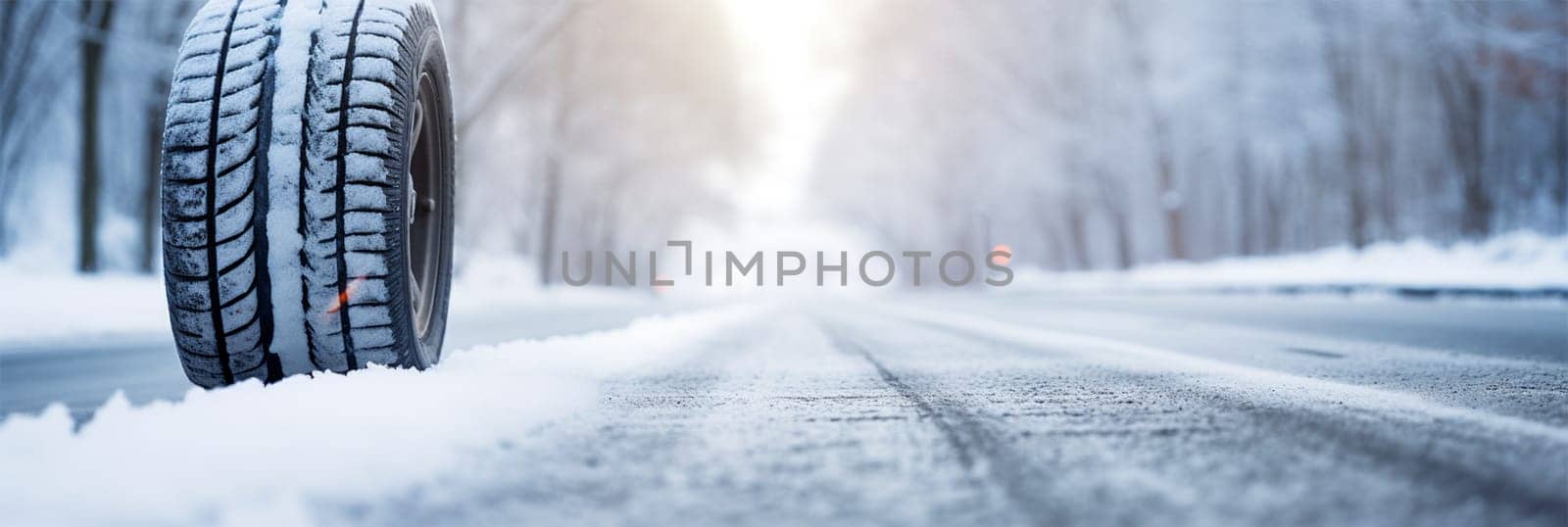 A car wheel with winter tires in a snowdrift against the backdrop of a snow-covered road and forest. Free space for text.