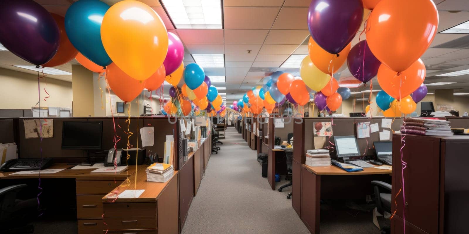 Open Space Office decorated with balloons.Business premises decorated with balloons and decorative ribbons for the New Year's Eve. Festive atmosphere in the office for Christmas.