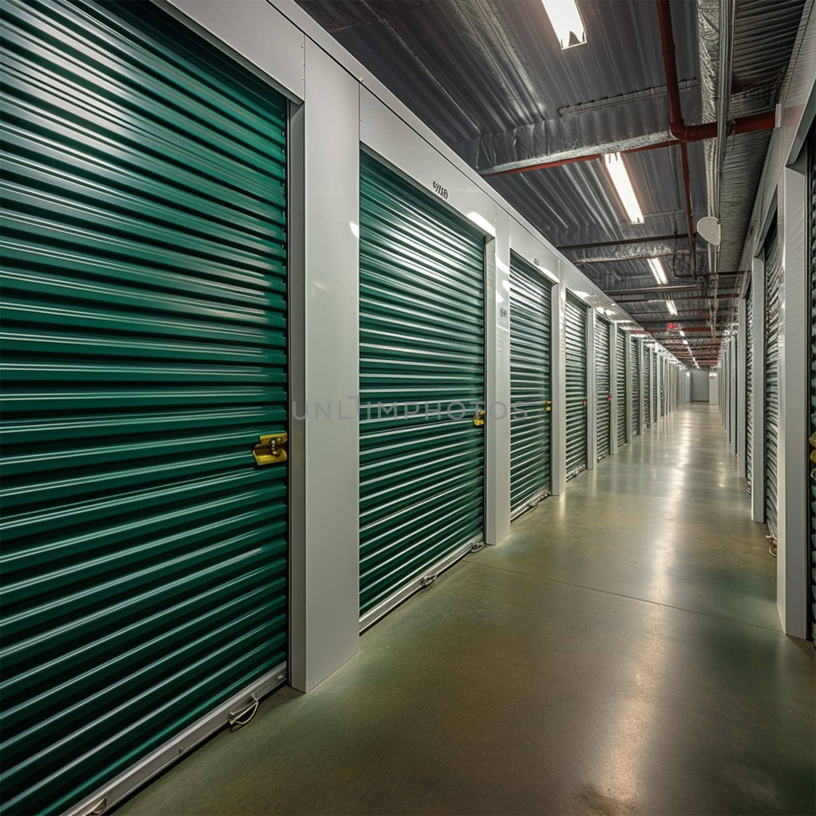 Warehouse, green metal doors with locks in warehouses with a corridor arrangement. Moving, organizing, storage concept.