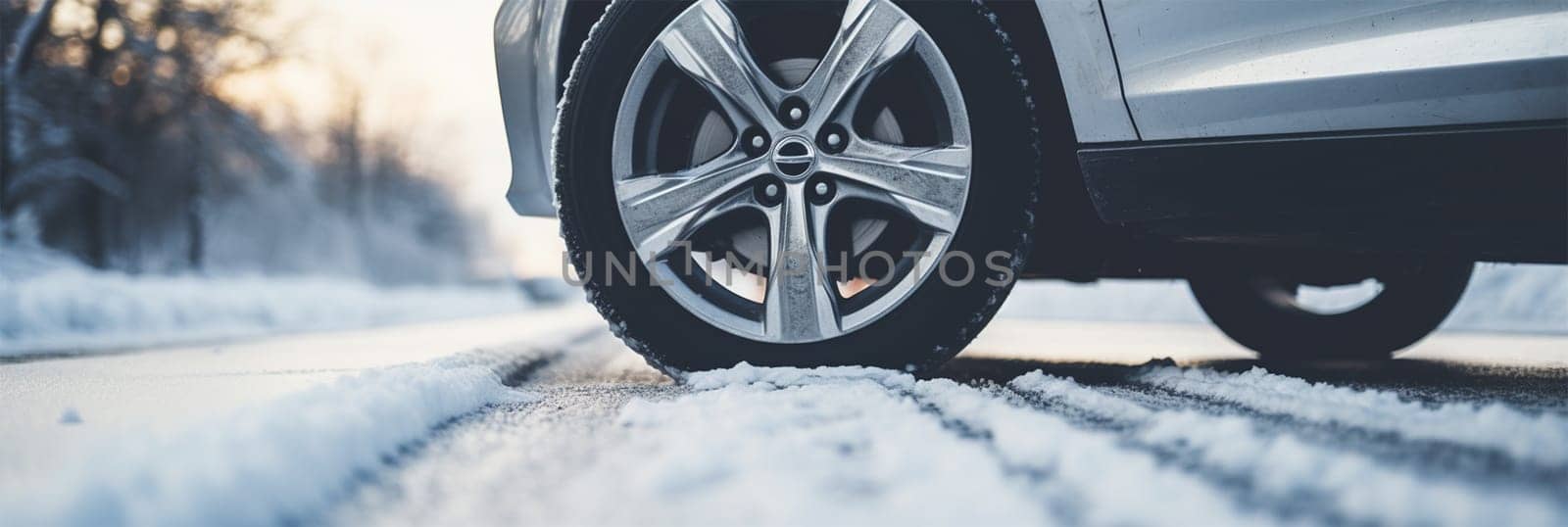 Side view of an blue car with a winter tires on a snowy road winter day.