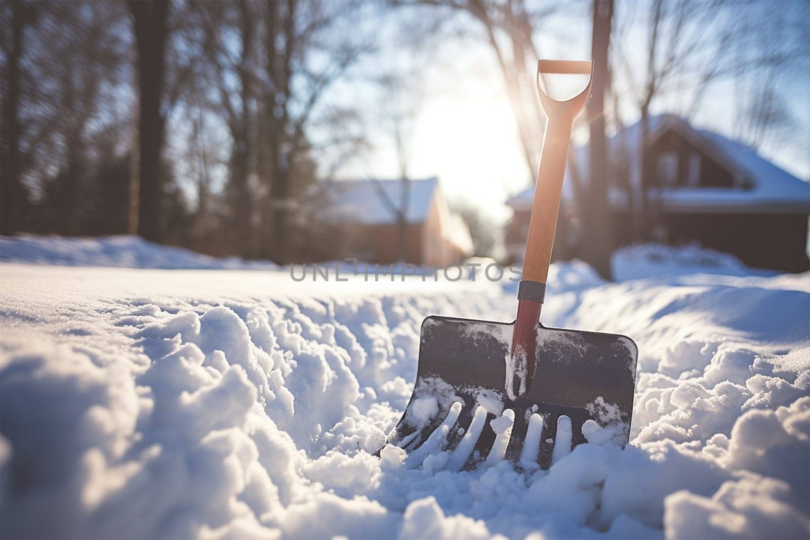 Shovel for removing snow from a path near a house