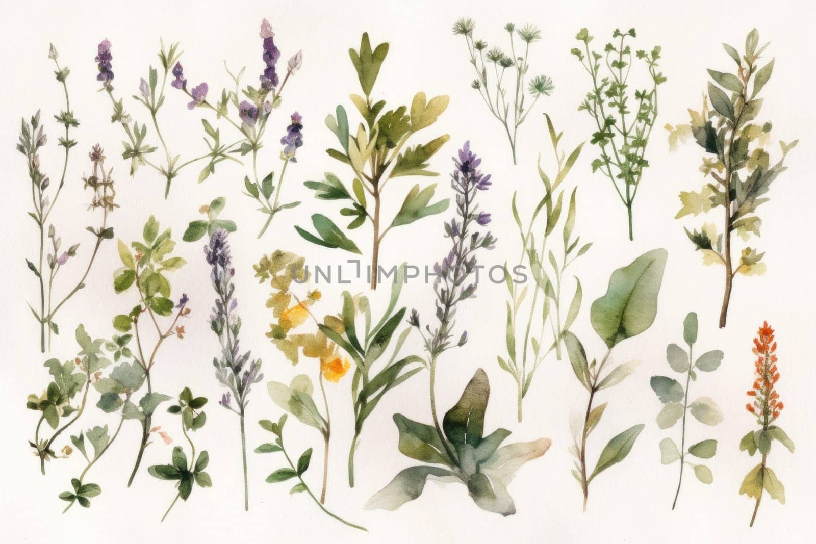 Collection of green plants on white background, illustration in watercolor style. wedding invitation