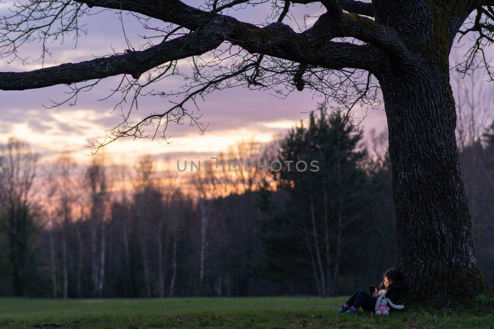 Child in huge world. Little girl with toy is sitting leaning against large tree, looking at her phone against background of forest. Happy childhood. Summer in country. Child protection. Sunset.