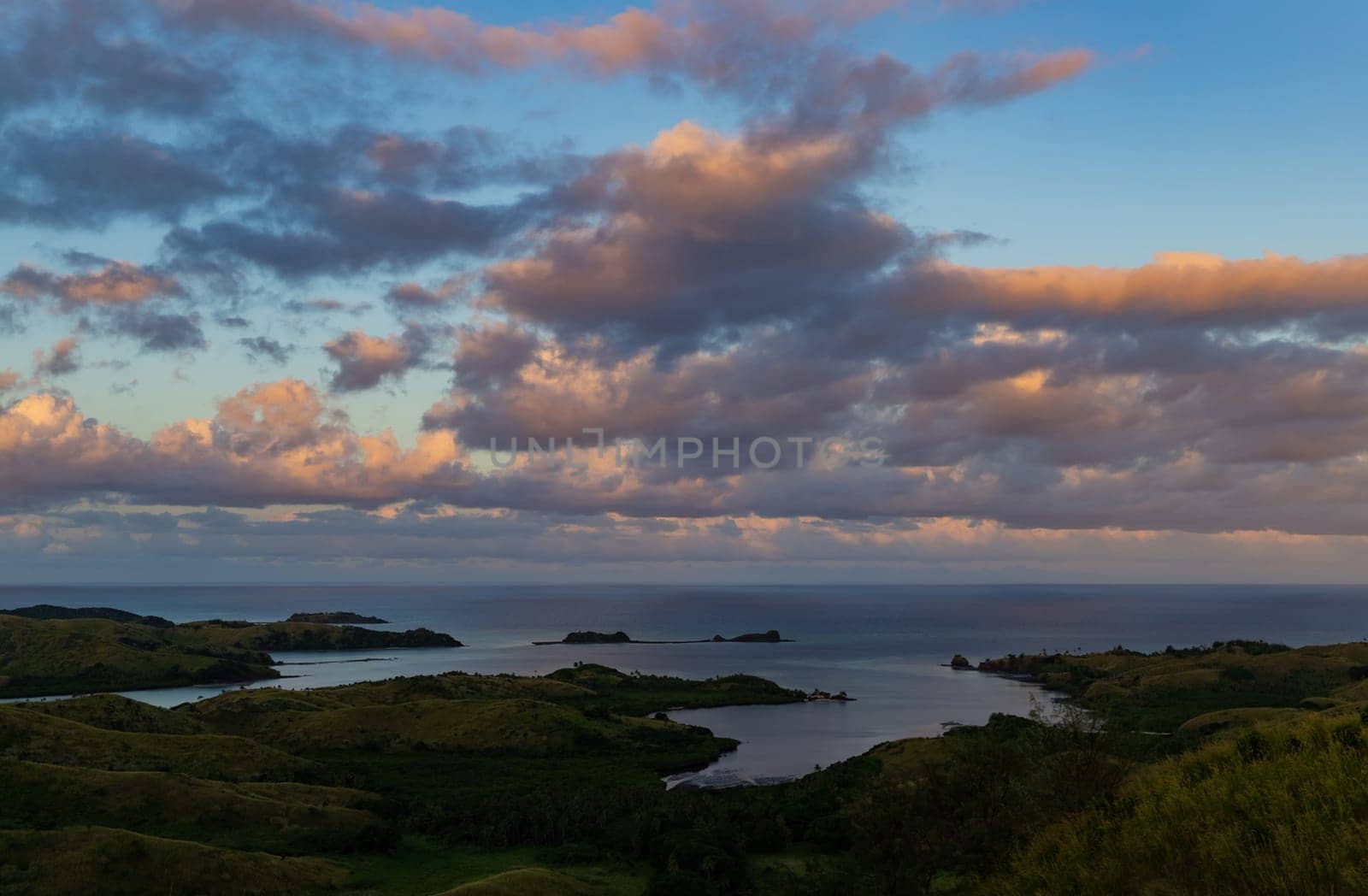 Top view of Nacula island at sunset, Yasawa island group, Fiji, South Pacific islands