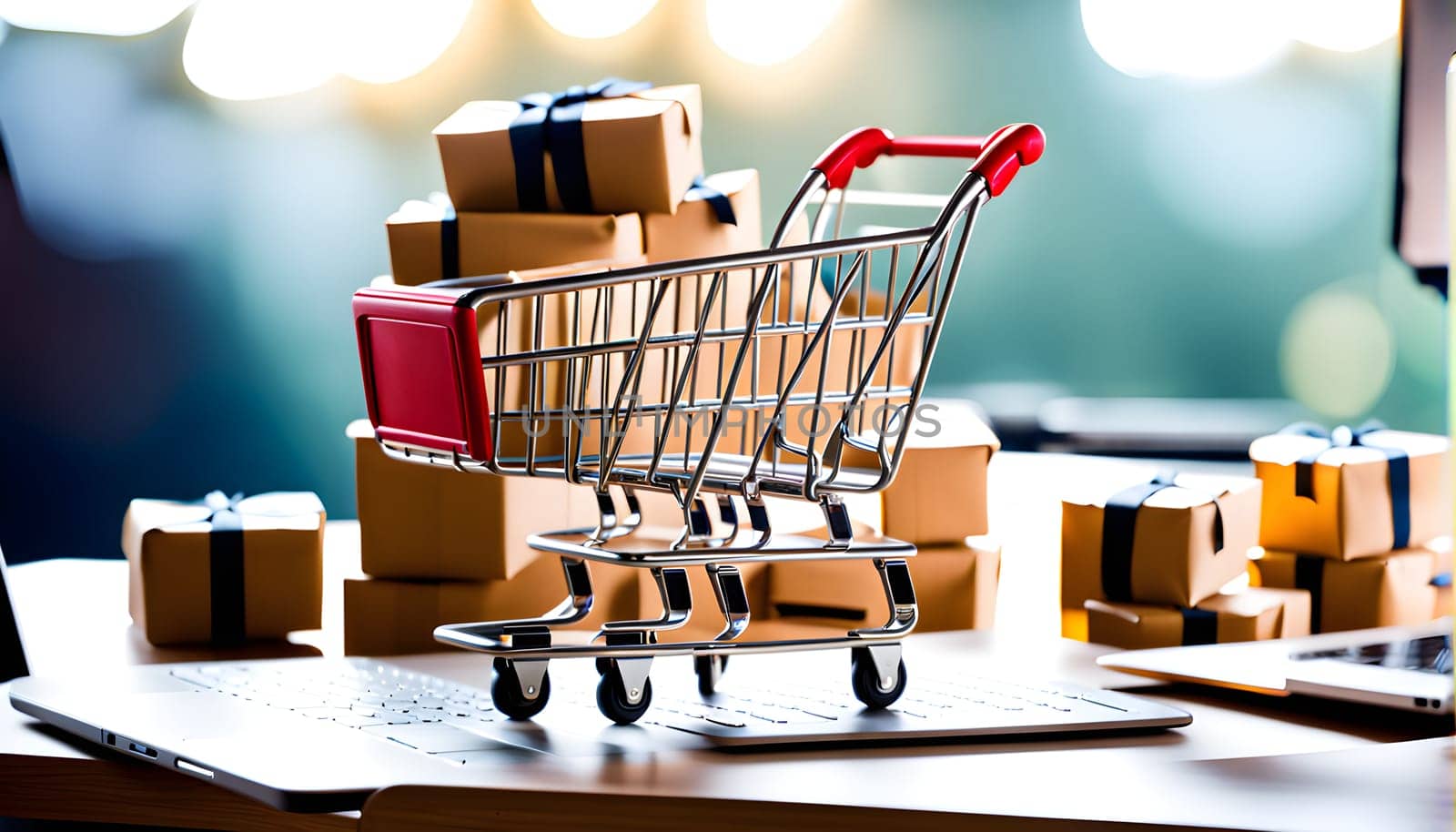 Online shopping - symbolic photo with mini shopping cart and lots of parcels on the desk