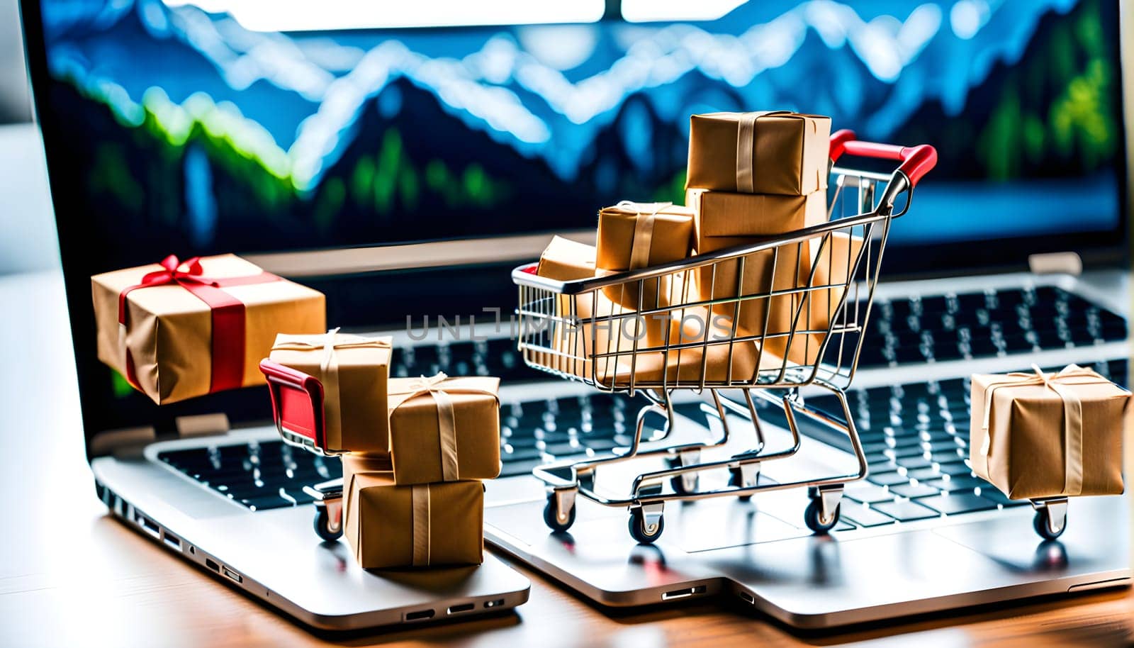 Online shopping - symbolic photo with mini shopping cart and lots of parcels on the desk