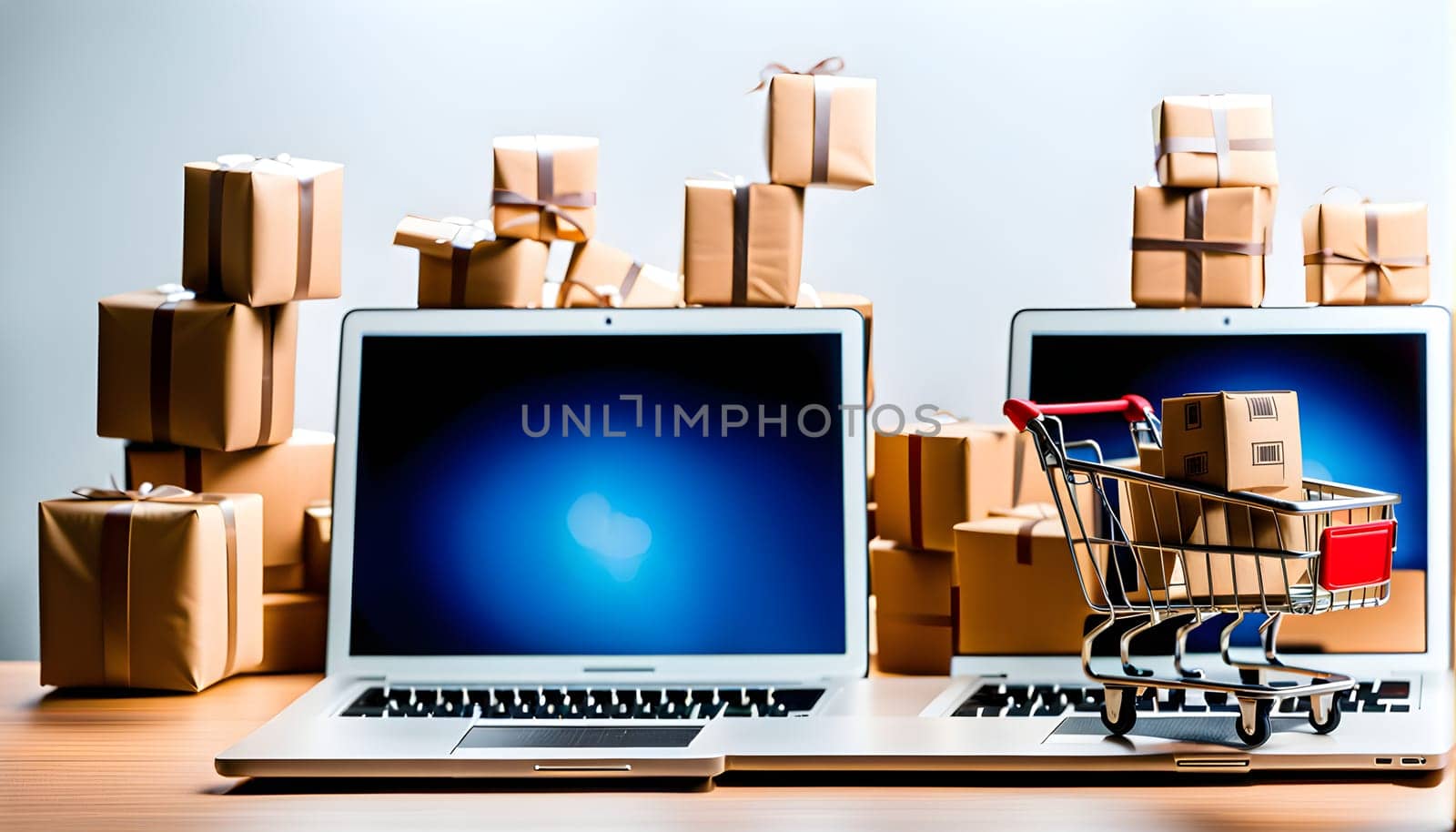 Online shopping - symbolic photo with mini shopping cart and lots of parcels on the desk