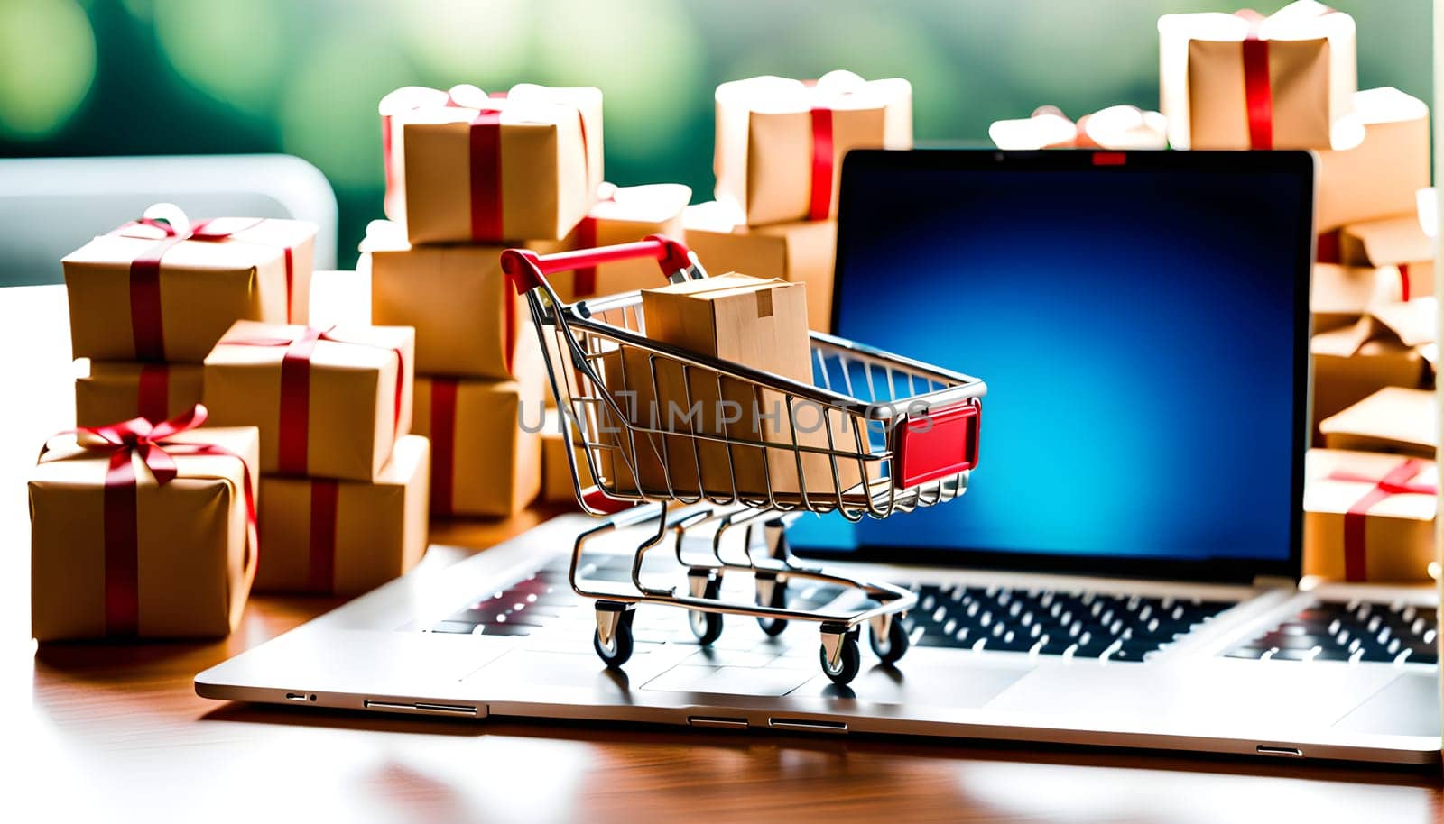 Online shopping - symbolic photo with mini shopping cart and lots of parcels on the desk