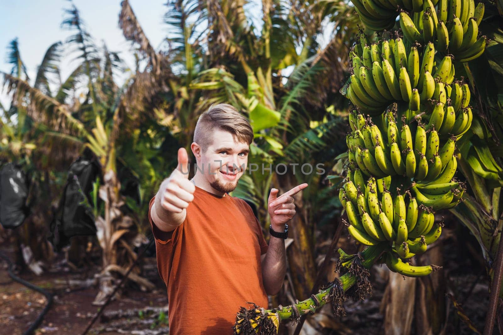 Farmer giving thumbs up on banana plantation.
