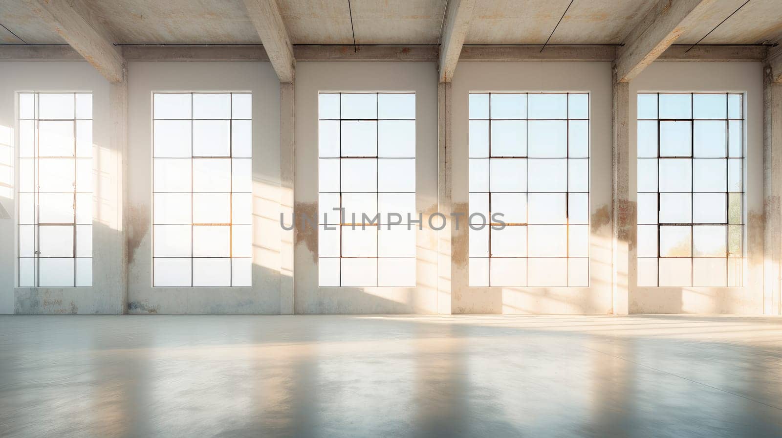 Empty loft, industrial grunge interior. Old concrete walls and big windows. Interior concept background. AI generated