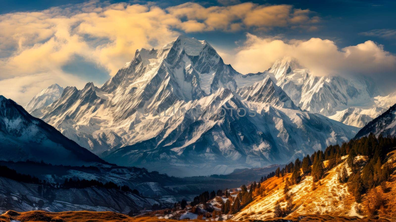 Landscape of the towering mountains surrounded by clouds, the sun shines on the front of the snow mountain. Rays of sunset on the tops of the mountains on a sunny day. AI generated