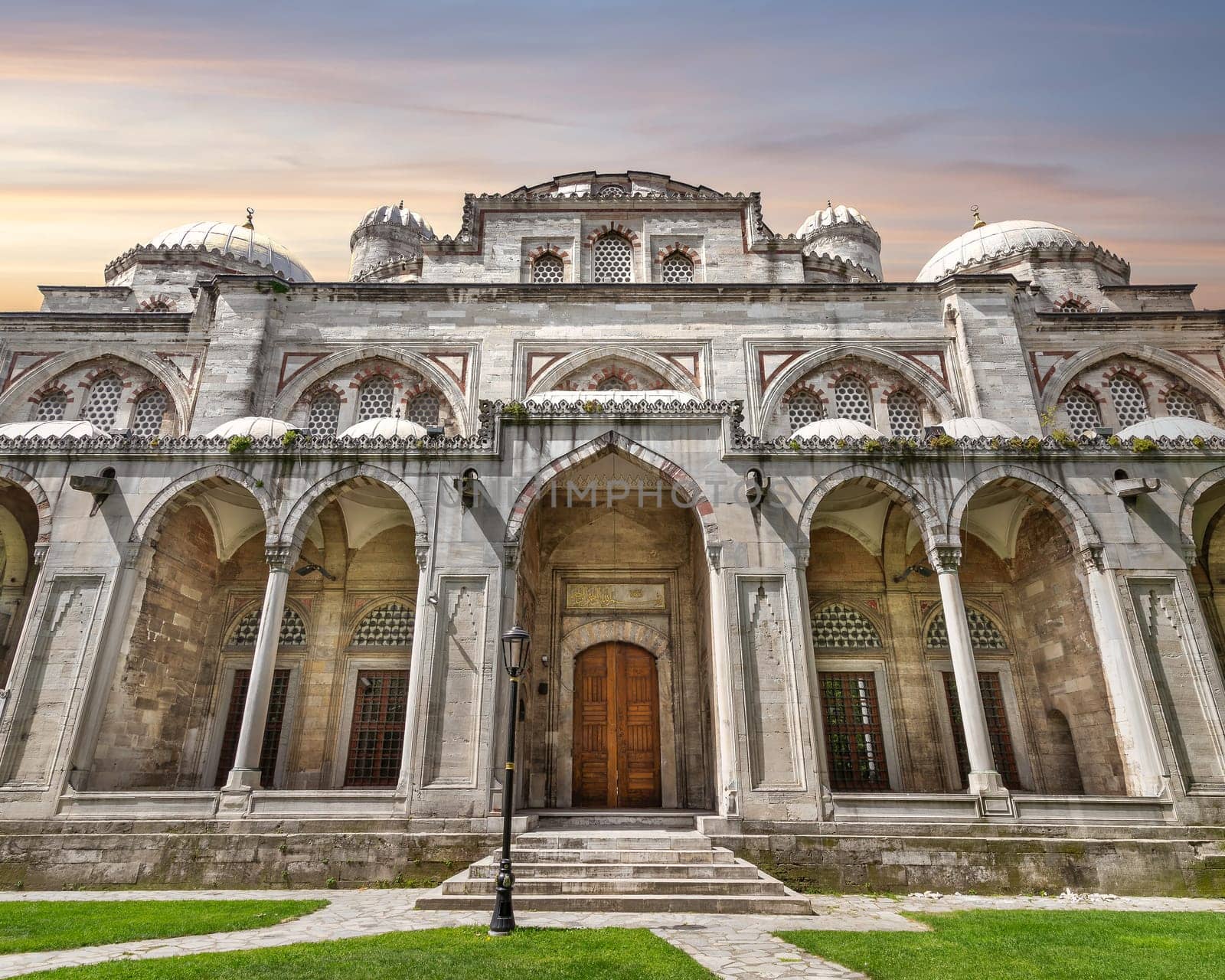 Entrance of Sehzade Mosque, or Sehzade Camii, a 16th century Ottoman imperial mosque commissioned by Suleiman the Magnificent, located in the district of Fatih, on the third hill of Istanbul, Turkey