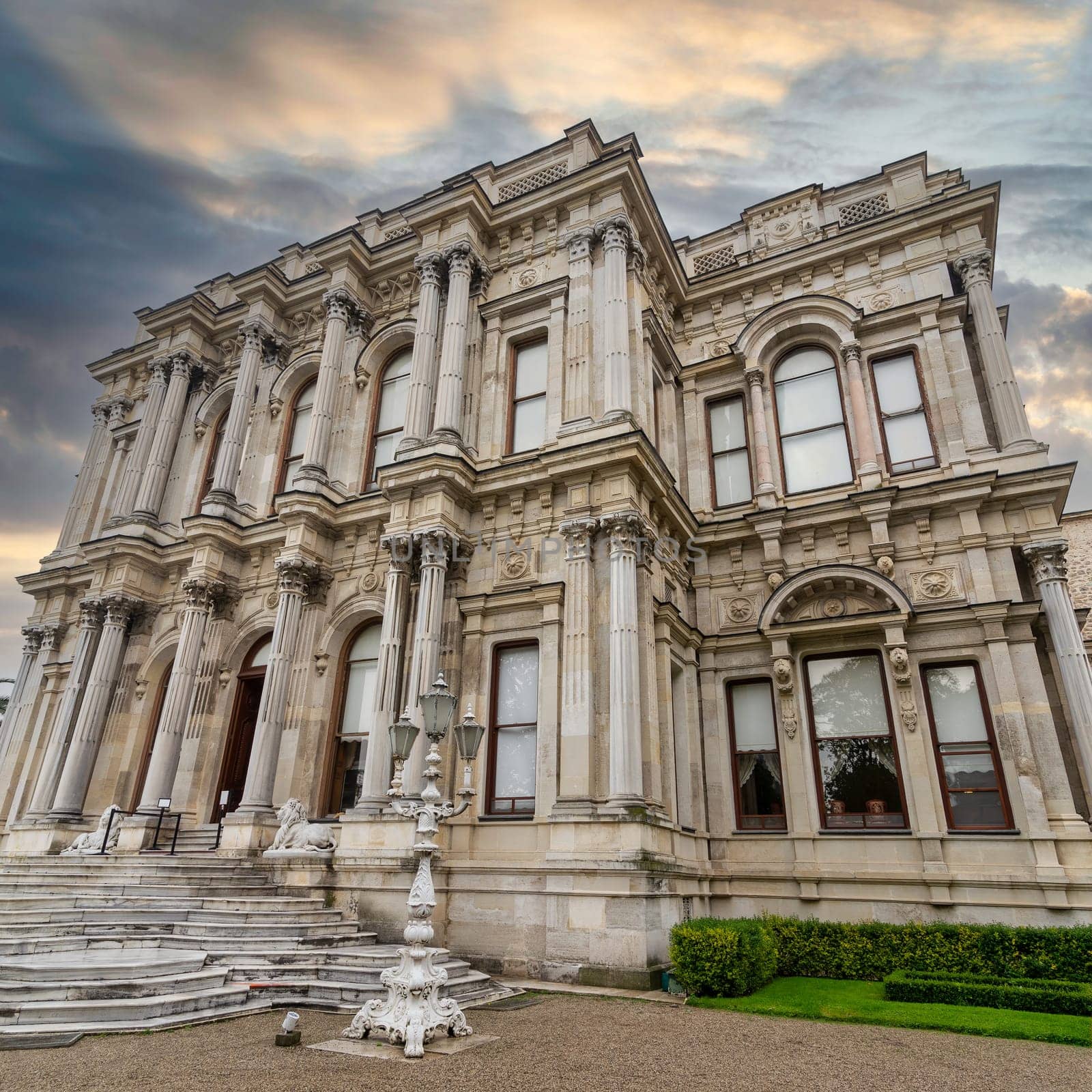 Side shot of 1865 Ottoman era Beylerbeyi Palace, located at the Asian shore Bosphorus strait north of Bosphorus Bridge, Istanbul, Turkey, after sunrise