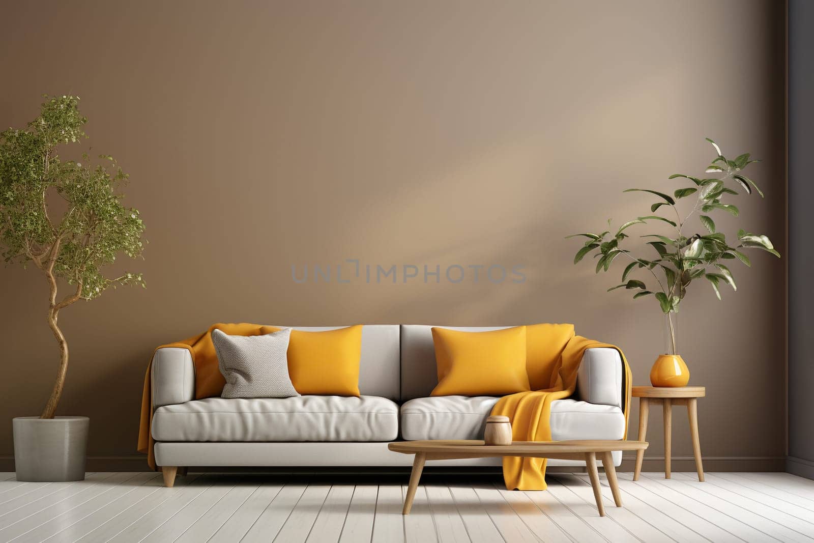 Modern living room with a couch or sofa, a table, plants and wooden floor, minimal lifestyle, empty wall