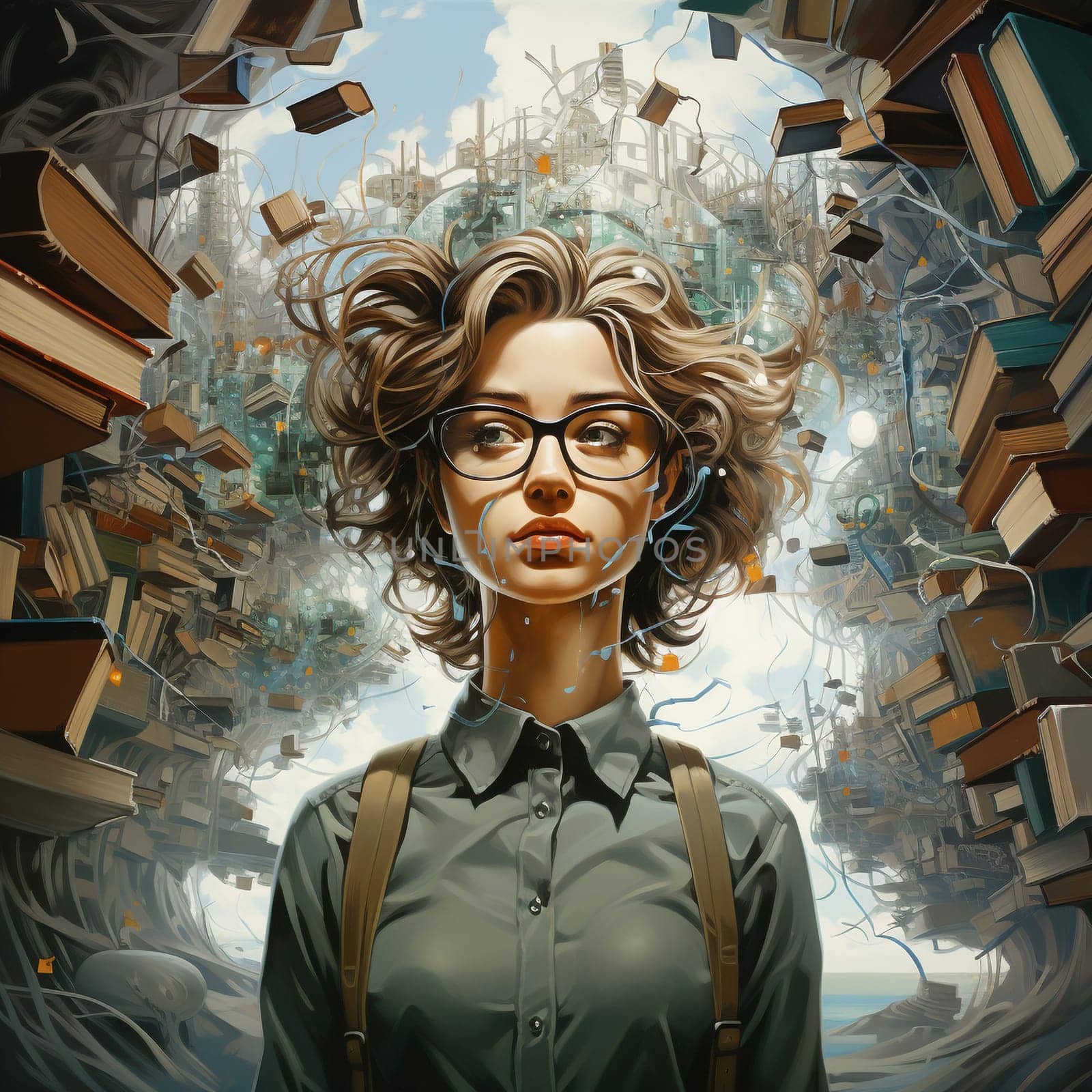 Woman surrounded by books, creative mind, exploding brain full of ideas and imagination, education concept, world book day