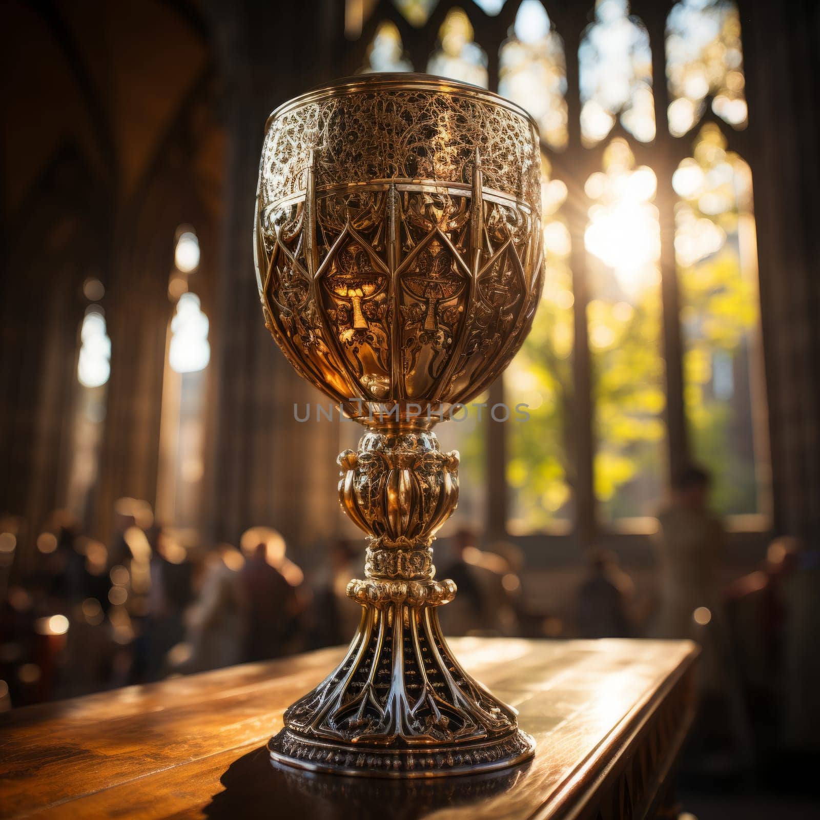 Golden Holy Chalice with customizable space for text or prayers.
