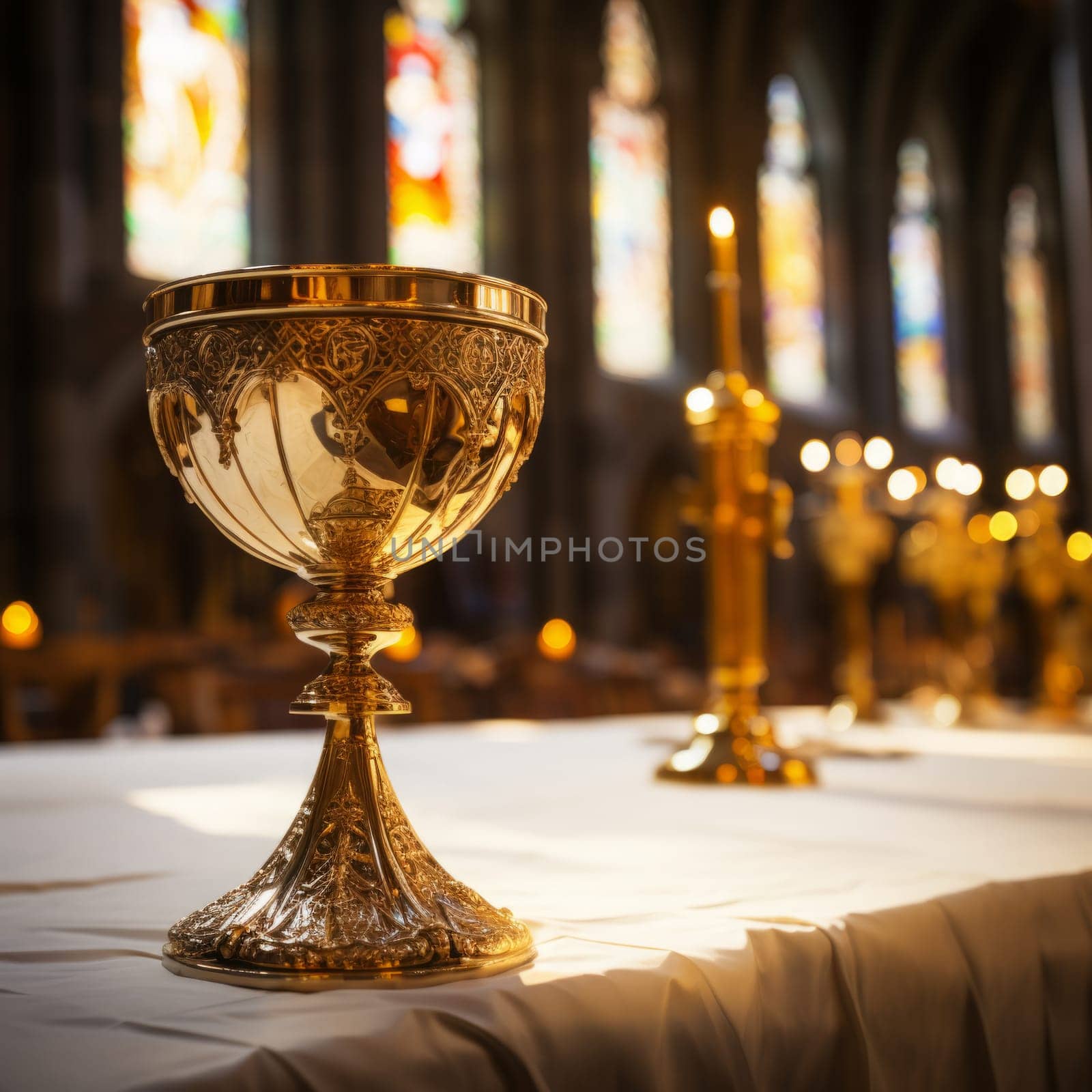 Golden Holy Chalice with customizable space for text or prayers.