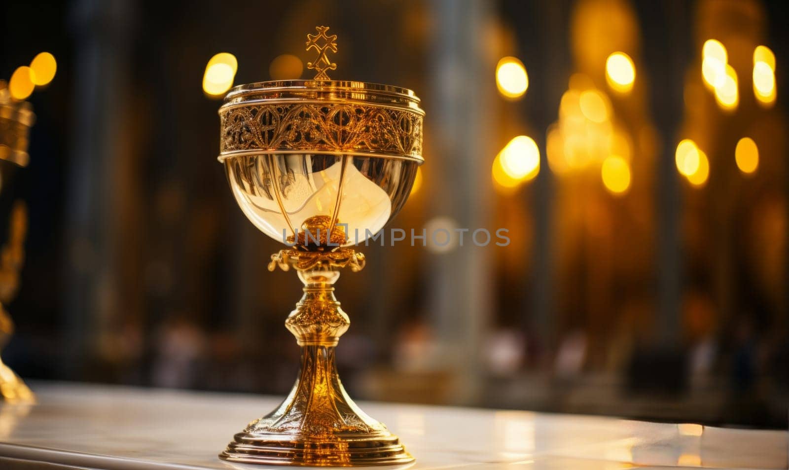 Golden Holy Chalice with customizable space for text or prayers.