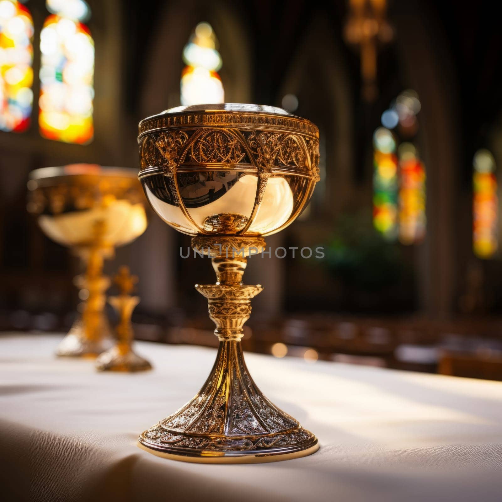 Golden Holy Chalice with customizable space for text or prayers.