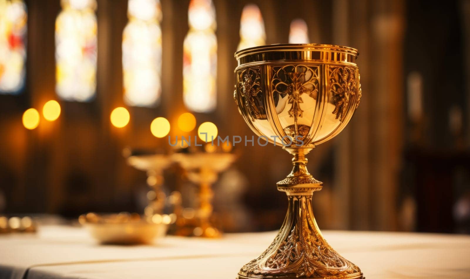 Golden Holy Chalice with customizable space for text or prayers.