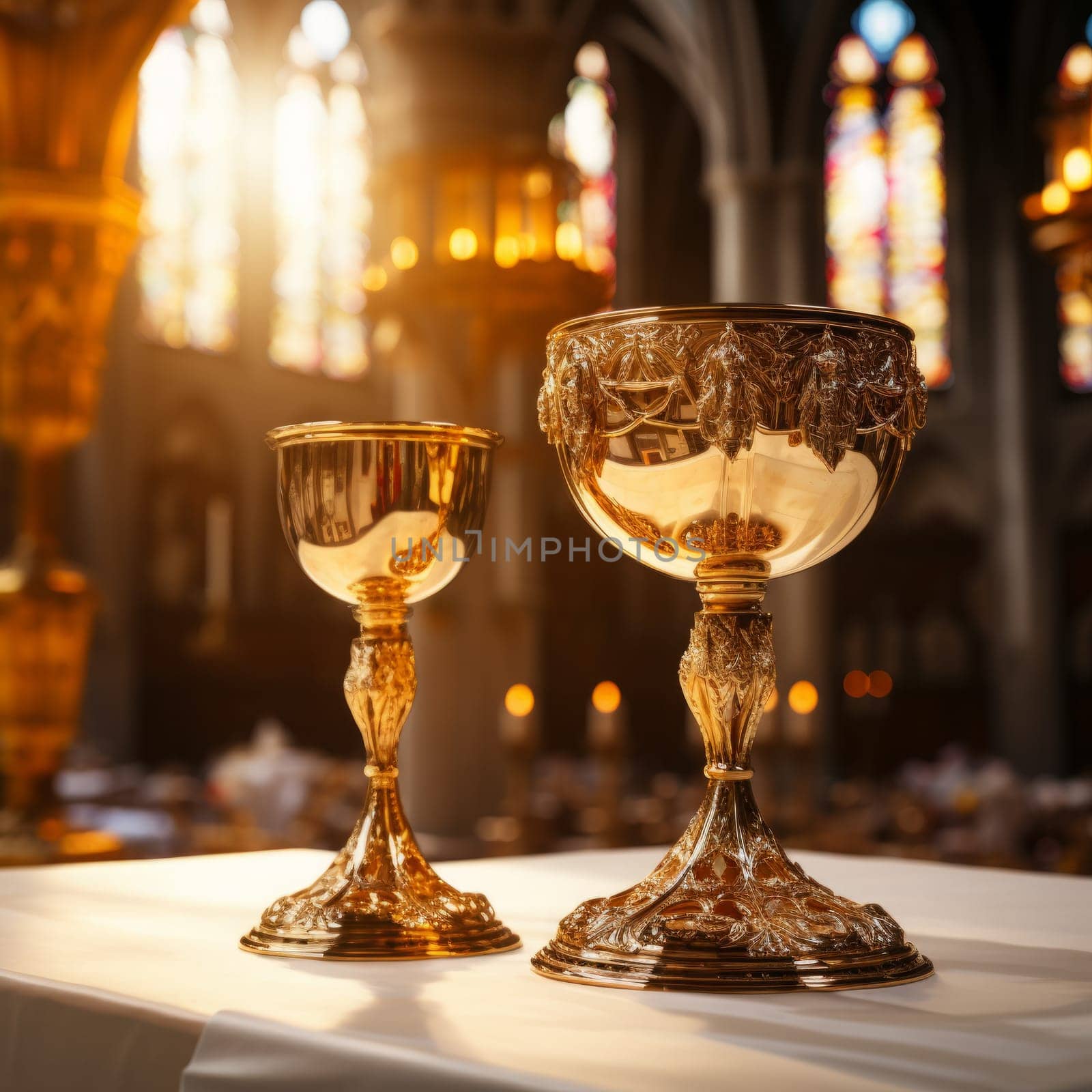 Golden Holy Chalice with customizable space for text or prayers.