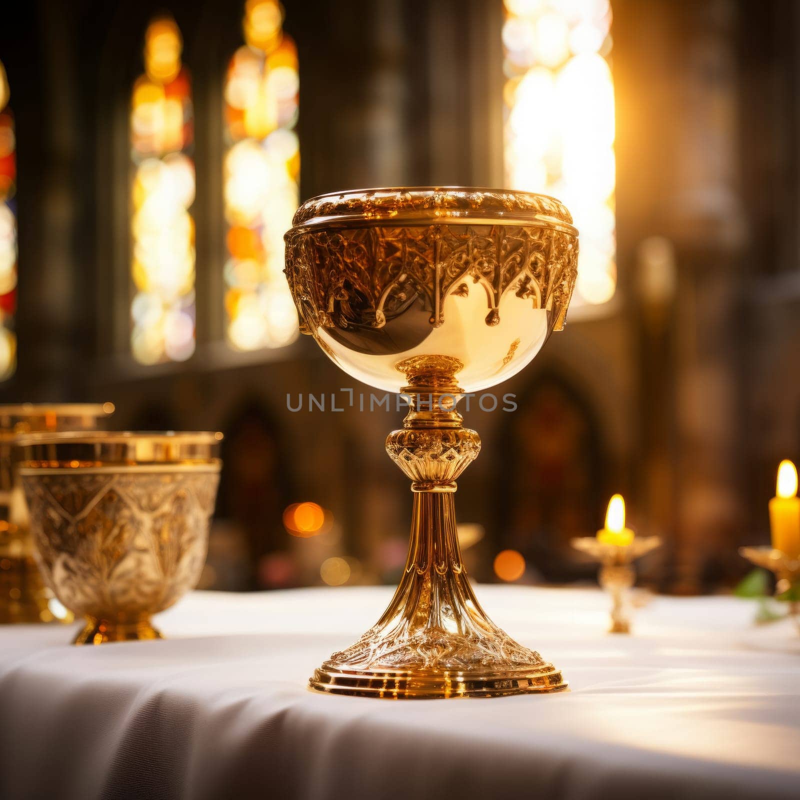 Golden Holy Chalice with customizable space for text or prayers.