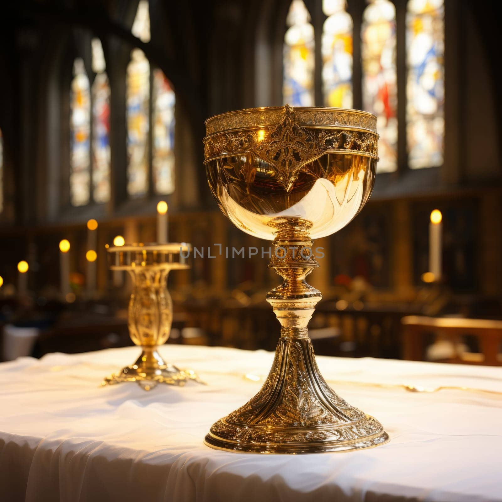 Golden Holy Chalice with customizable space for text or prayers.