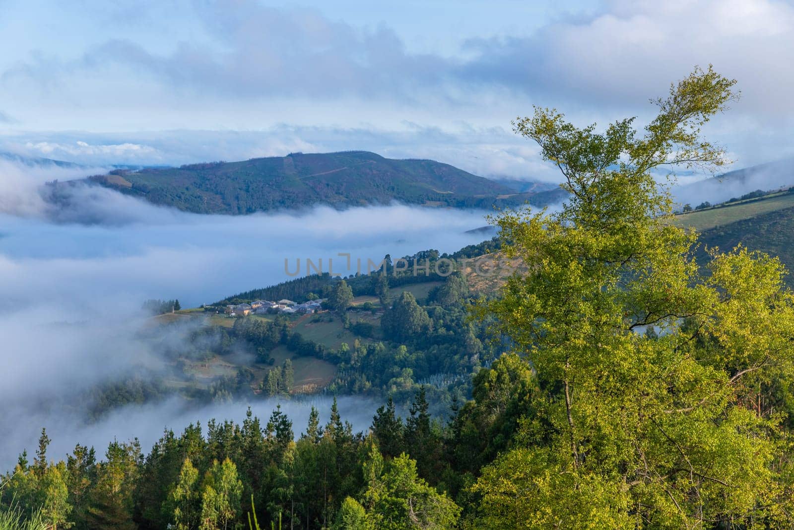 View of Galicia mountain landscape at the sunrise along the way of St. James. Lugo