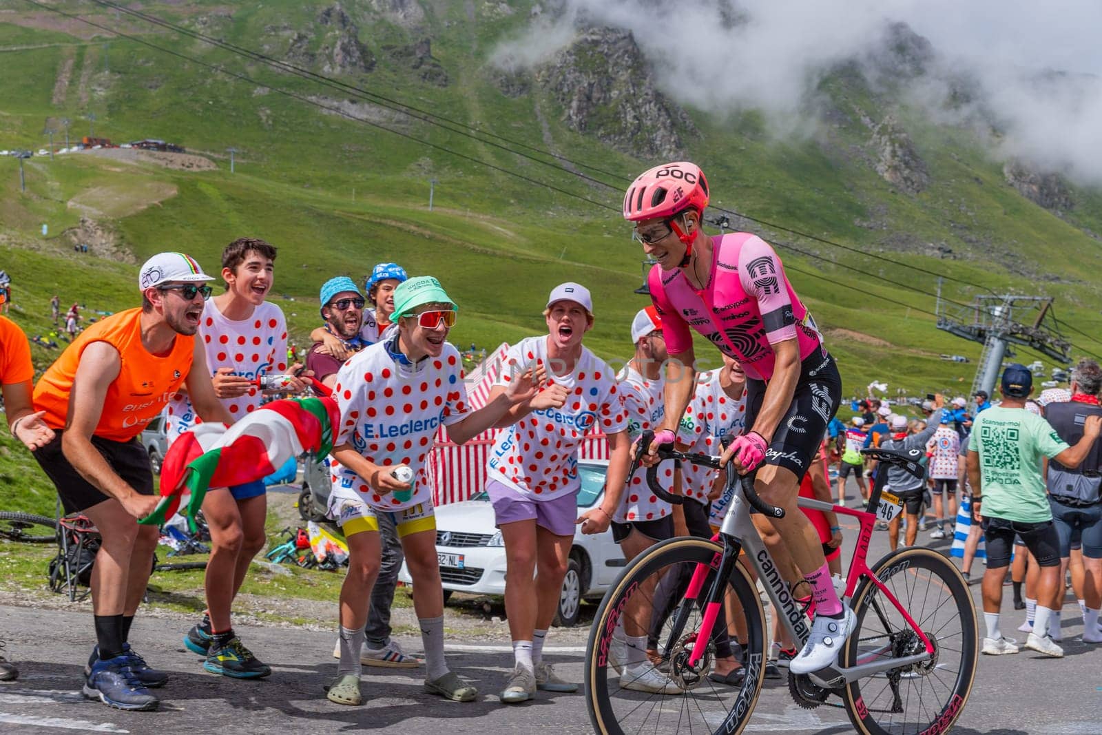 Col du Tourmalet, France - July 06 2023: Neilson Powless climbig the road to Col du Tourmalet in Pyerenees mountains during the stage 6 of Le Tour de France 2023.