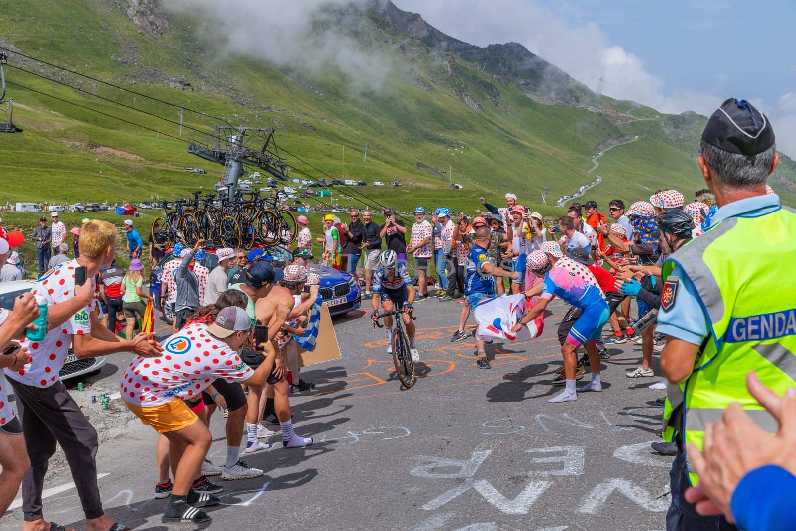 Col du Tourmalet, France - July 06 2023: Julian Alaphilippe climbig the road to Col du Tourmalet in Pyerenees mountains during the stage 6 of Le Tour de France 2023.