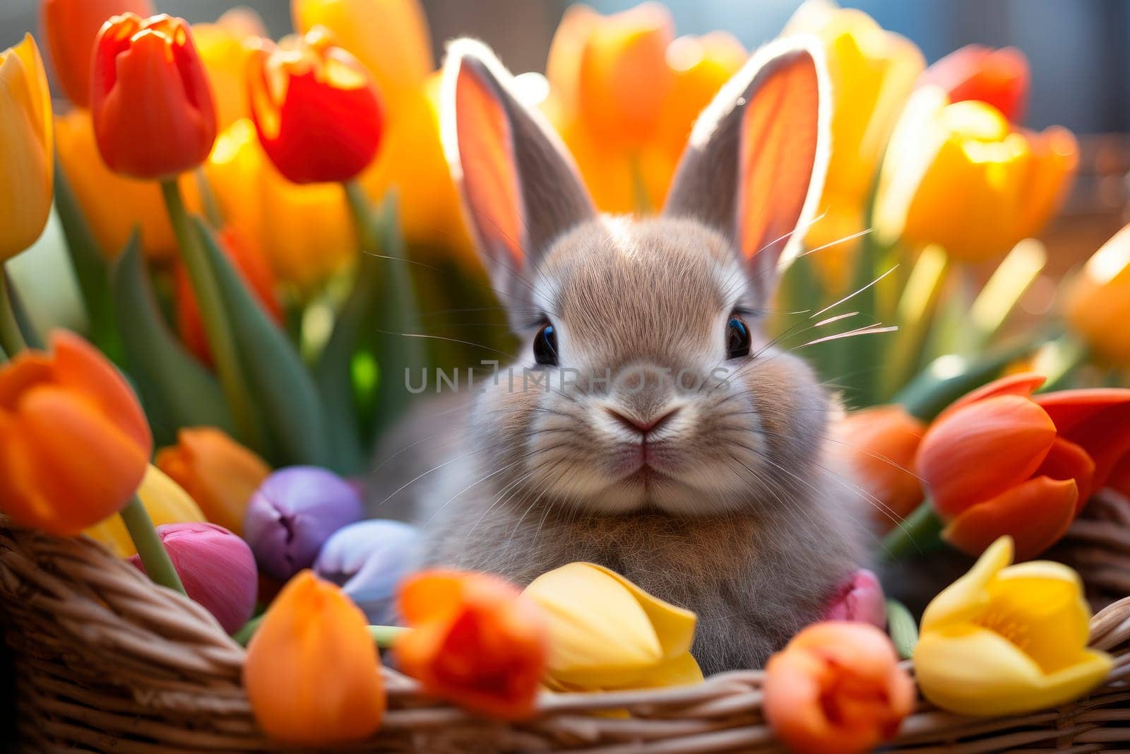 A cute Easter Bunny sitting in a basket with colored tulips. Easter card. AI generated