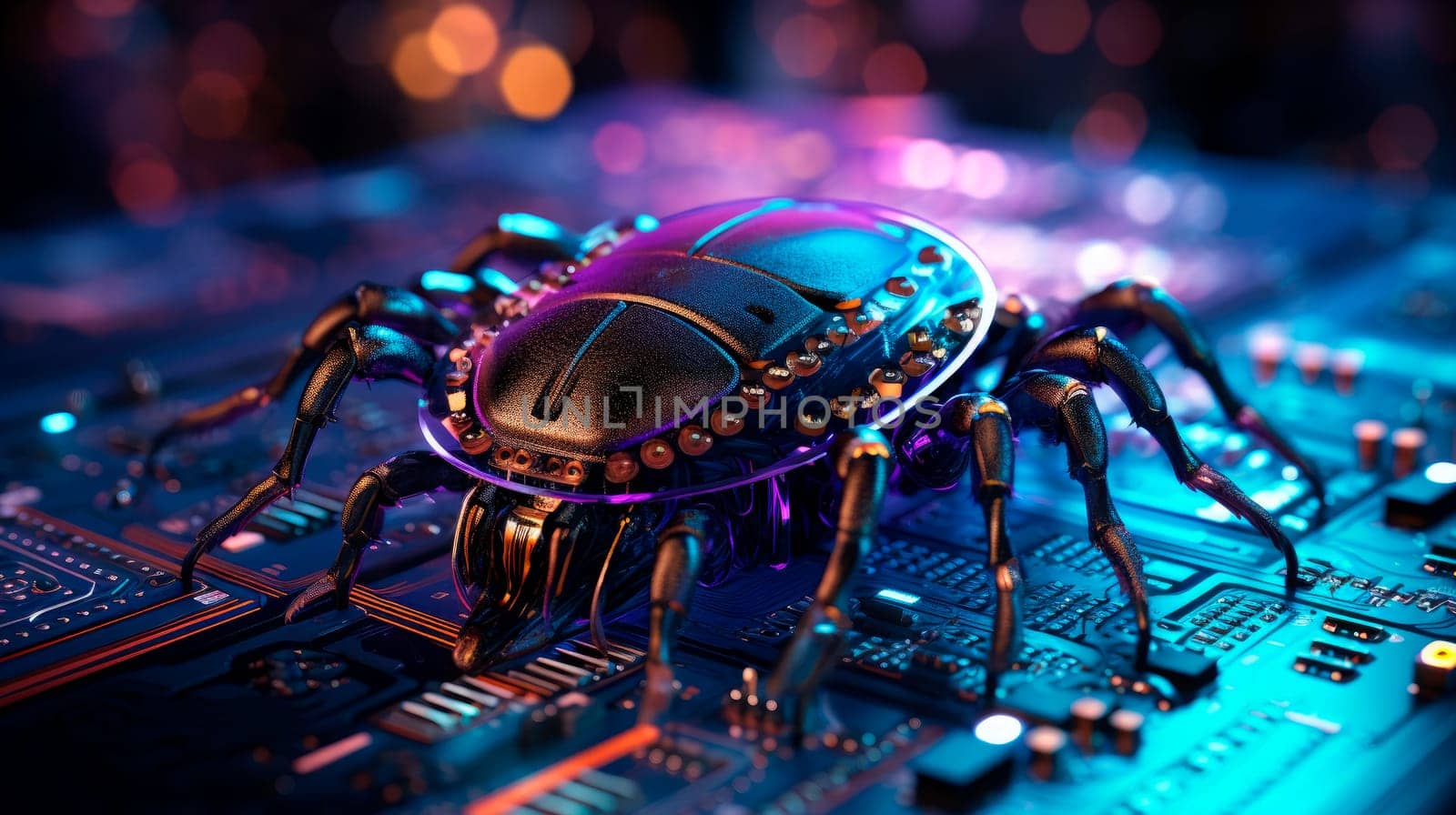 Bug on a computer chip, software security concept. Errors in the program. Bugs in the program. AI generated