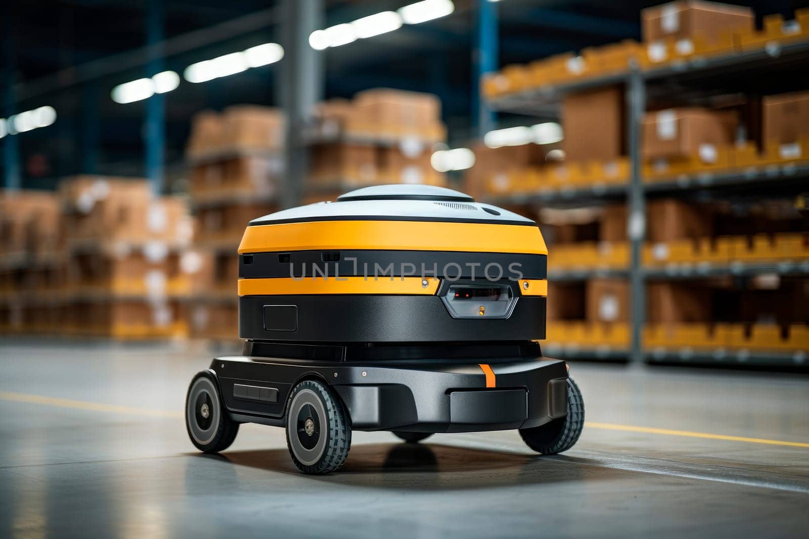 Mobile robot with four wheels in industrial warehouse. Smart robot on wheels for logistics management. AI generated