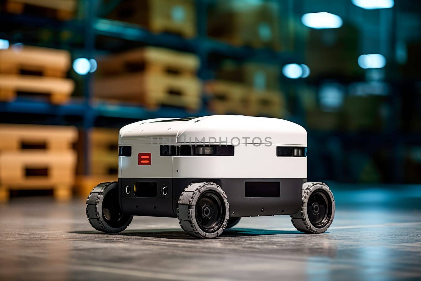 Mobile robot with four wheels in industrial warehouse. White smart drone robot on wheels for logistics management. AI generated