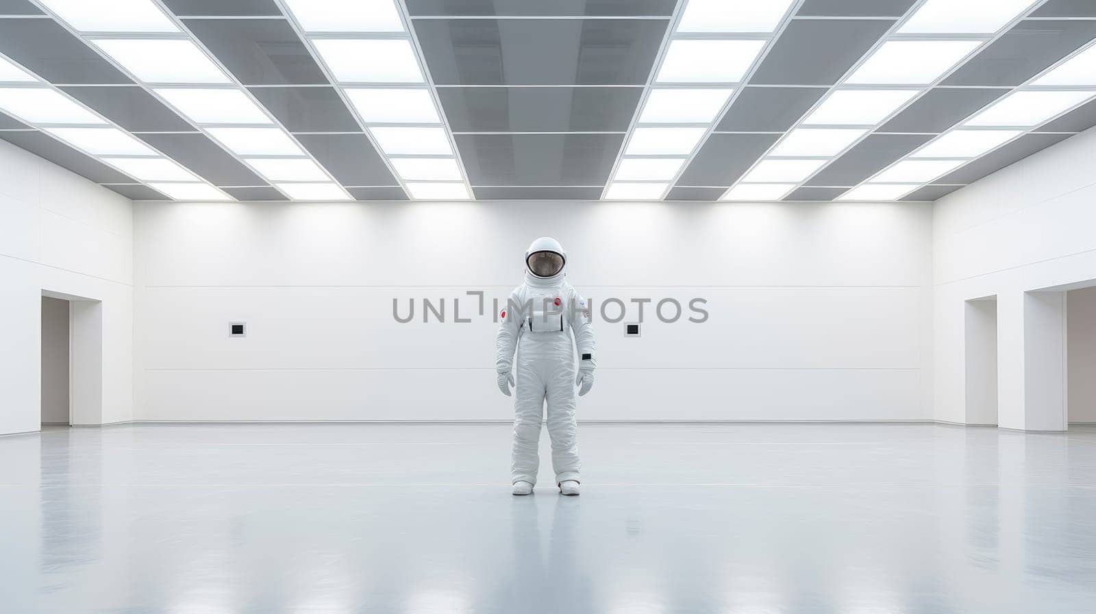 An astronaut standing in empty very modern and minimalistic white clean room. Empty modern bright office with spaceman. AI generated