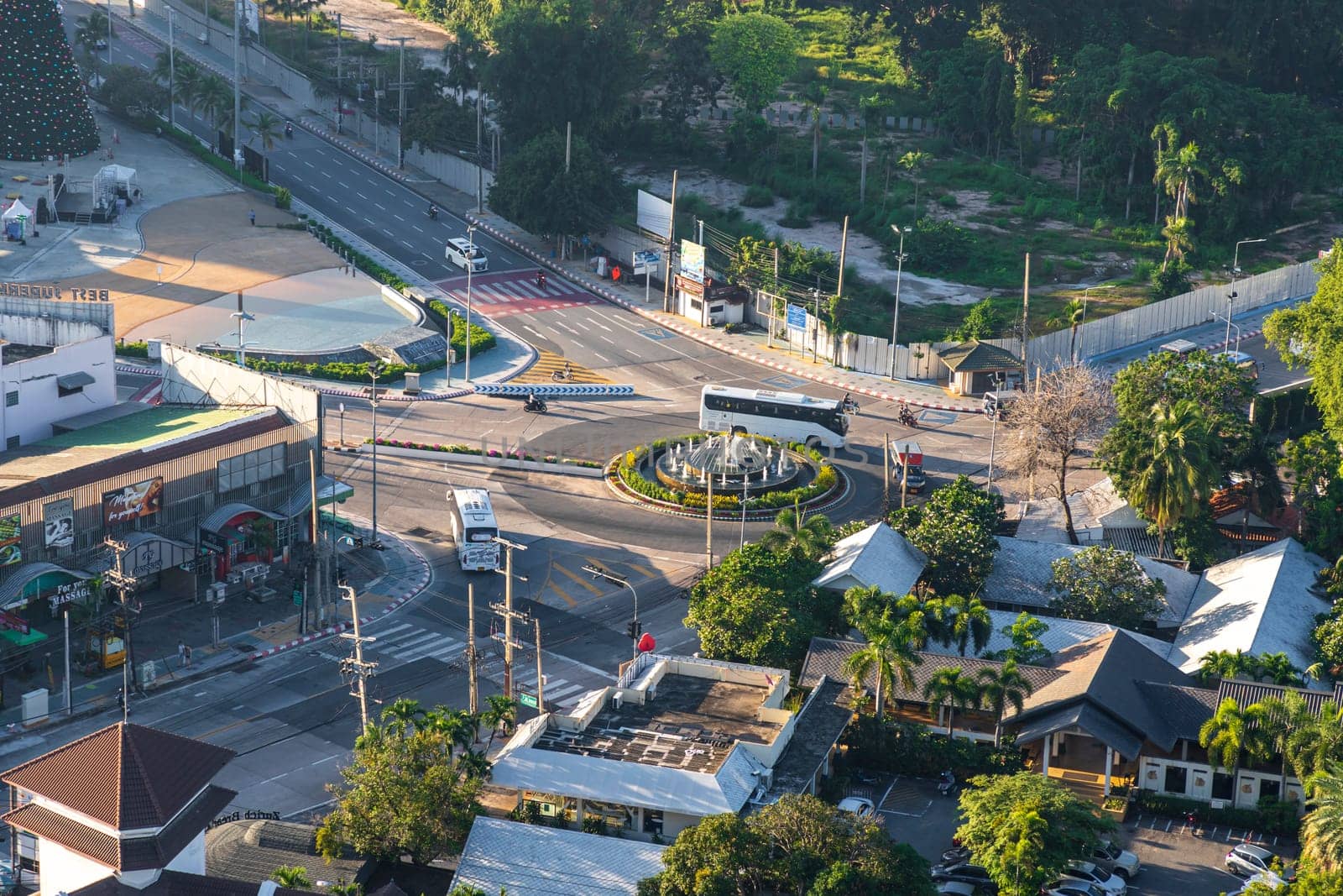 Chonburi, Thailand - 26 Oct. 2023 Morning aerial photography of Dolphin Circle, one of the outstanding symbols of Pattaya city. Located at the intersection of Sukhumvit Road and Central Pattaya Road.