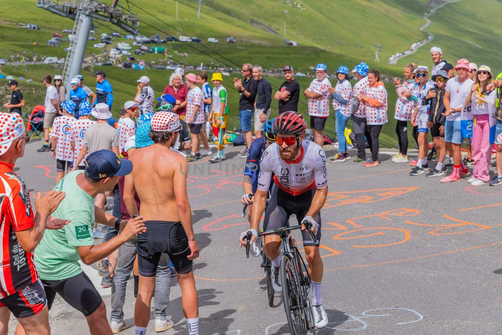 Col du Tourmalet, France - July 06 2023: Simon Geschke climbig the road to Col du Tourmalet in Pyerenees mountains during the stage 6 of Le Tour de France 2023.