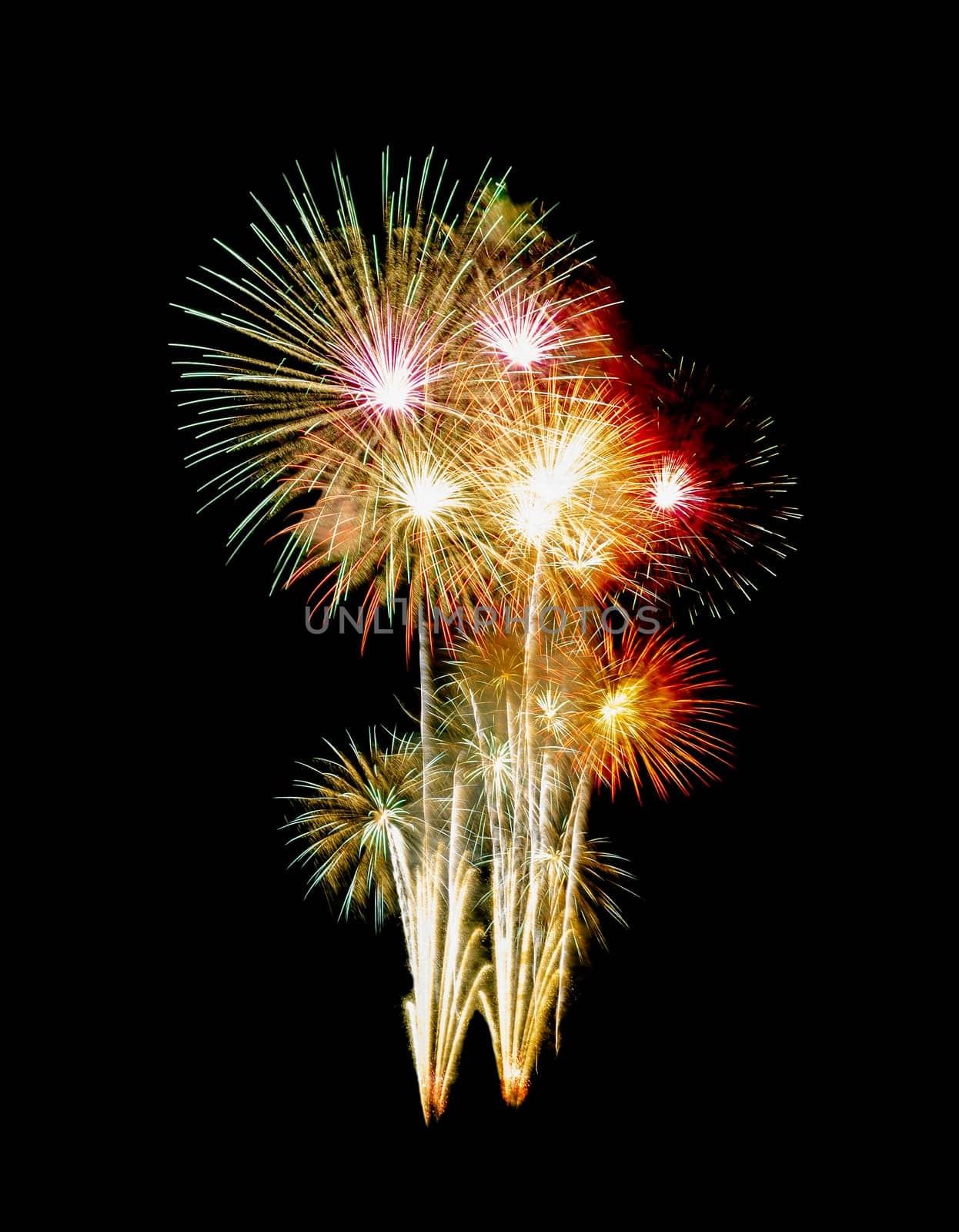 Beautiful fireworks display isolated on black background for celebration and anniversary