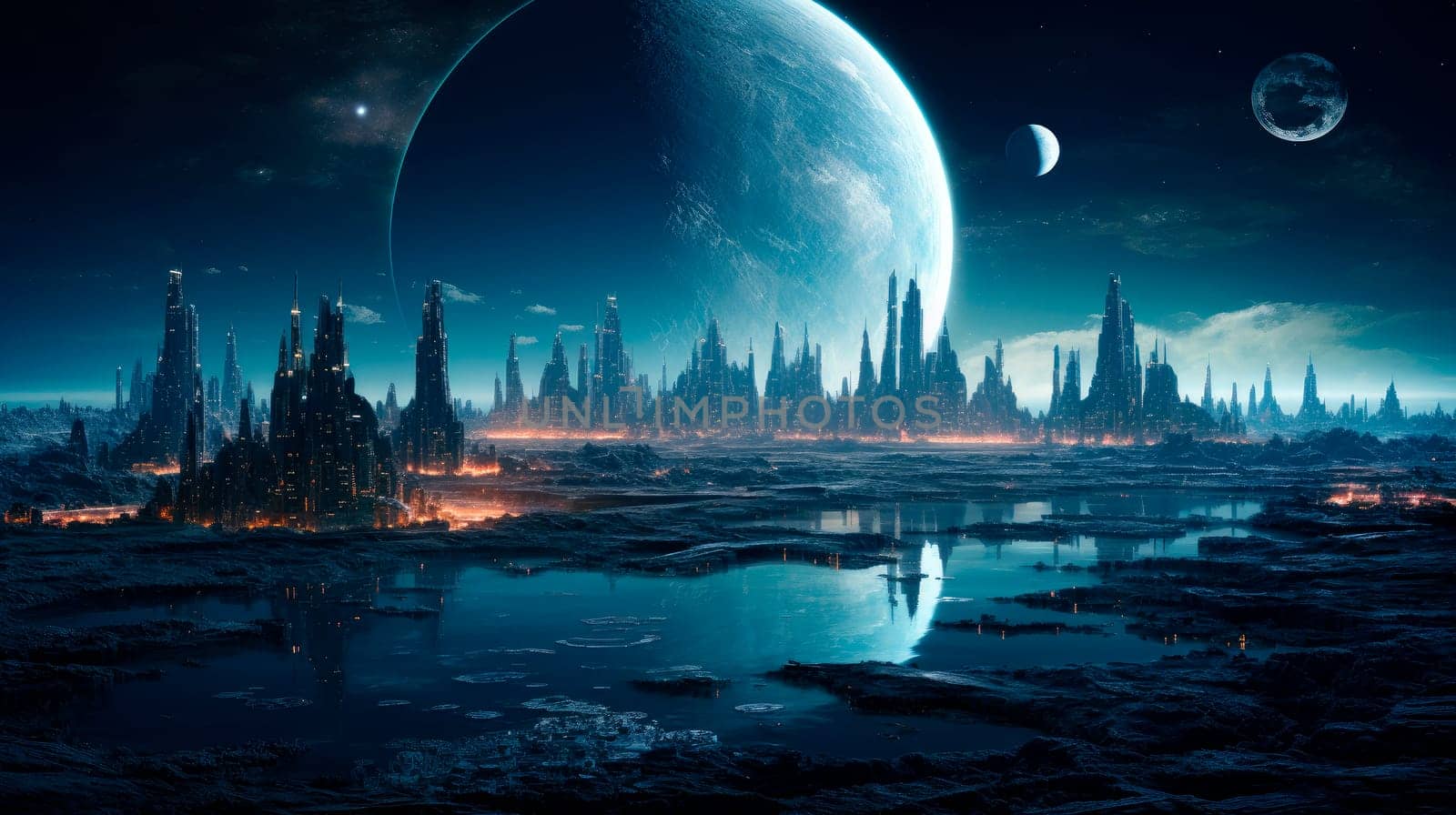 Futuristic alien planet city scene with a full moon. Futuristic space city with technological urban set-up. AI generated