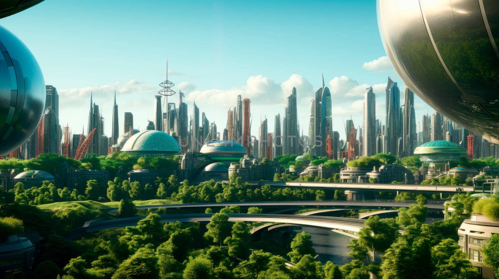 Futuristic alien planet with green city of the future, harmony of city and nature. Futuristic space city with architecture of the future. AI generated
