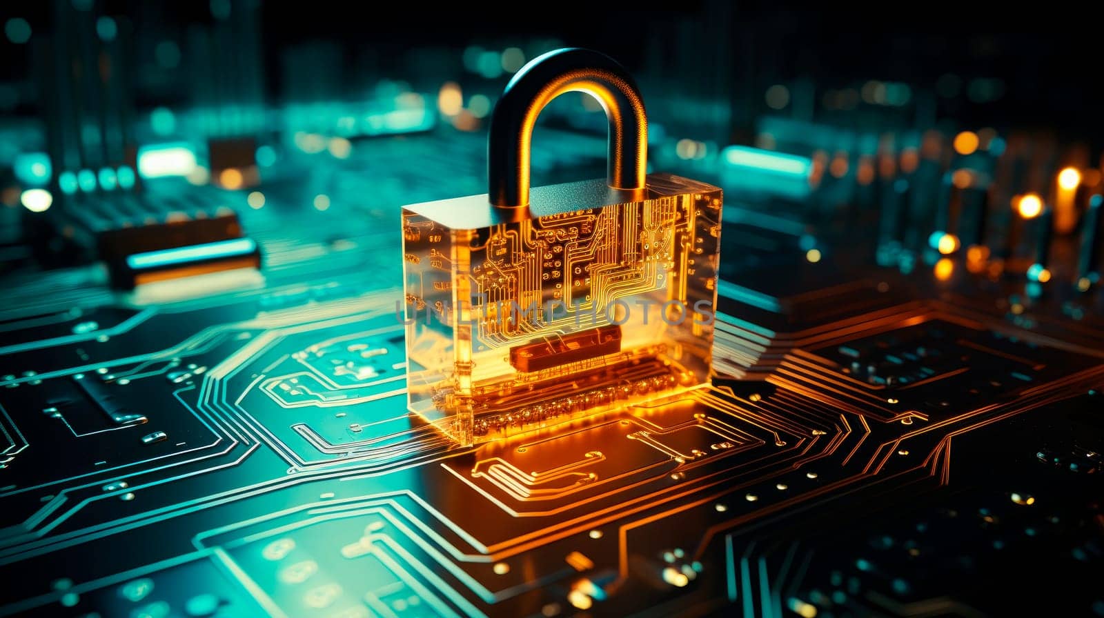 Cyber security concept. Padlock on digital technology background. Cyber data security or information privacy idea in mother server is processing the data. AI generated