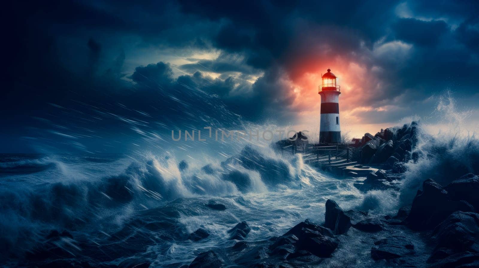 Lighthouse in a storm with thunder, lightning and big waves. Waves crashing around lighthouse. AI generated