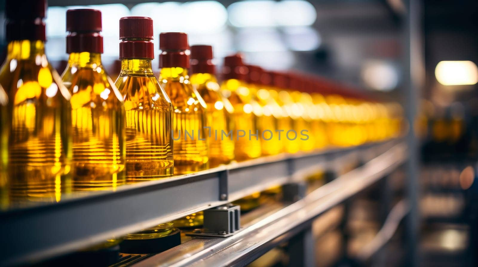 Sunflower oil in the bottles, line for the production and bottling of refined oil from sunflower seeds. Oil bottles on modern conveyor of food industry. AI generated