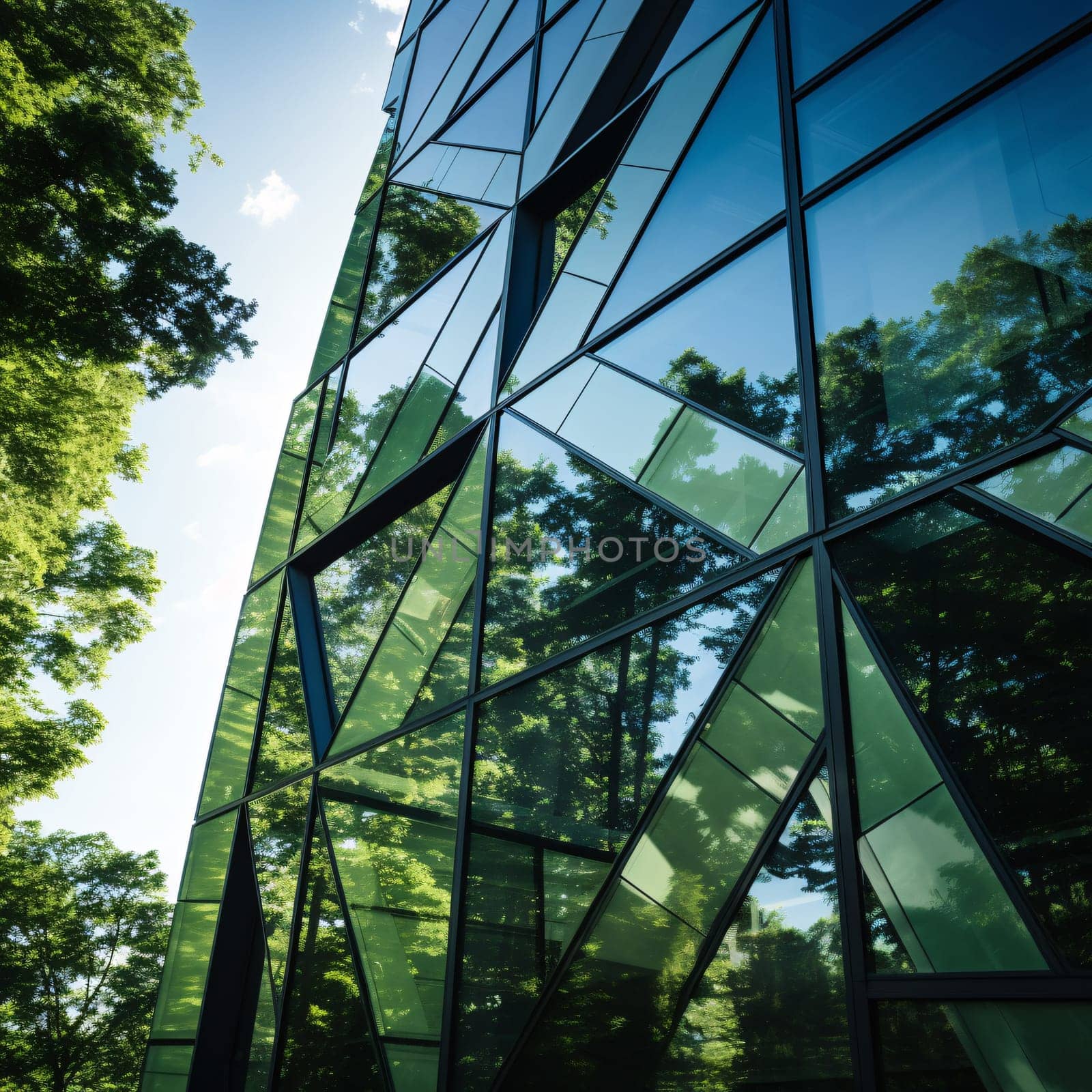 Eco-friendly building in the modern city. Sustainable glass office building with tree for reducing carbon dioxide. Office building with green environment. Corporate building reduce CO2. Generative AI.