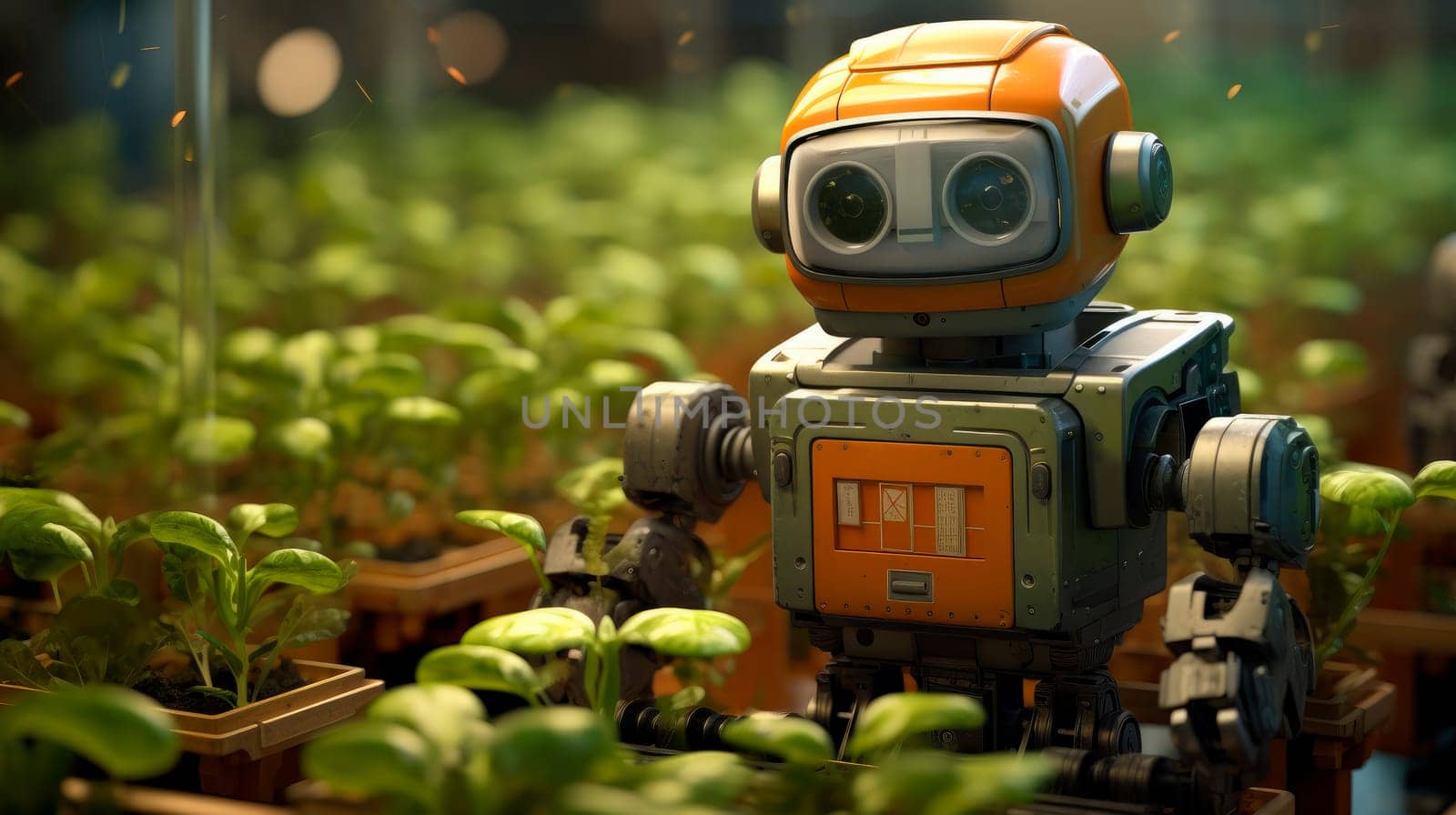 Smart robotic futuristic farmer working on field. Agriculture technology, farm automation. AI generated