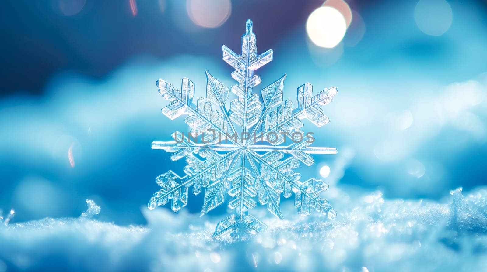 Snowflake on a blue background. Snowflake close-up.The concept of winter, cold, beauty of nature. AI generated