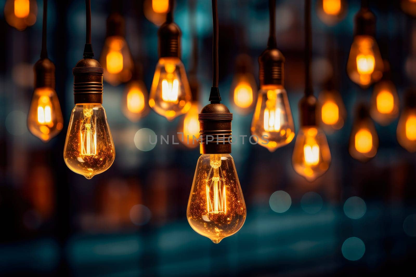 Group of vintage incandescent light bulbs illuminated in a dark environment. Decorative vintage design lightbulbs.Light Bulbs for Pendant Light. AI generated