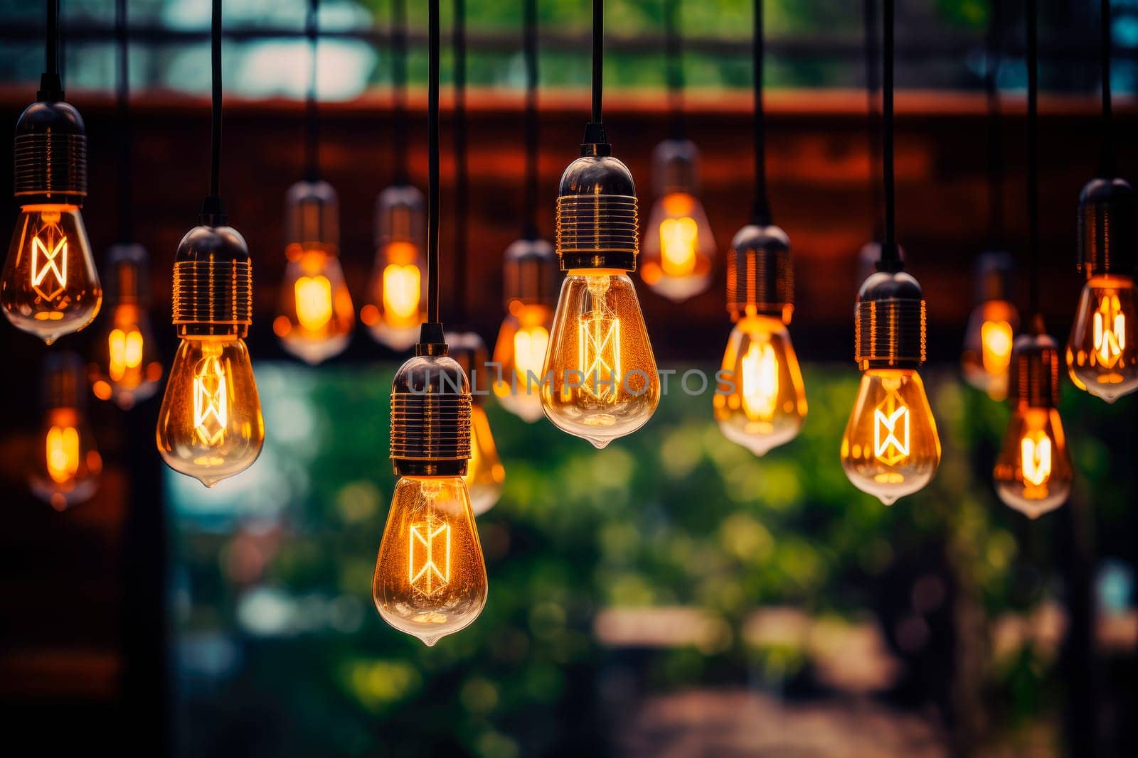 Group of vintage incandescent light bulbs illuminated in a dark environment. Decorative vintage design lightbulbs.Light Bulbs for Pendant Light. AI generated